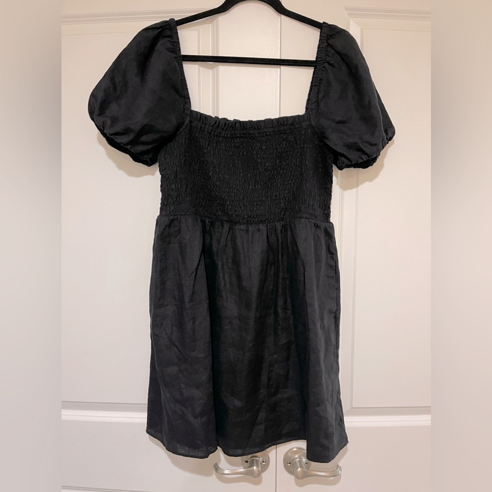 J. Crew Black Smocked Puff Sleeve Dress